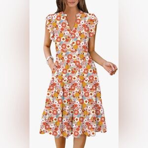 Women’s Summer Ruffle Sleeve V-Neck Midi Dress- S